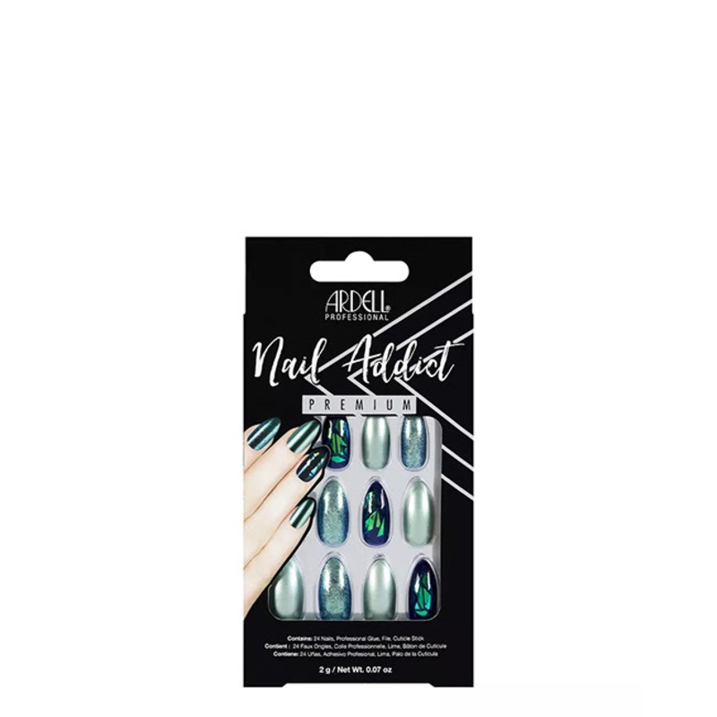Ardell Nail Addict Premium Artificial Nail Set Green Glitter Chrome x24