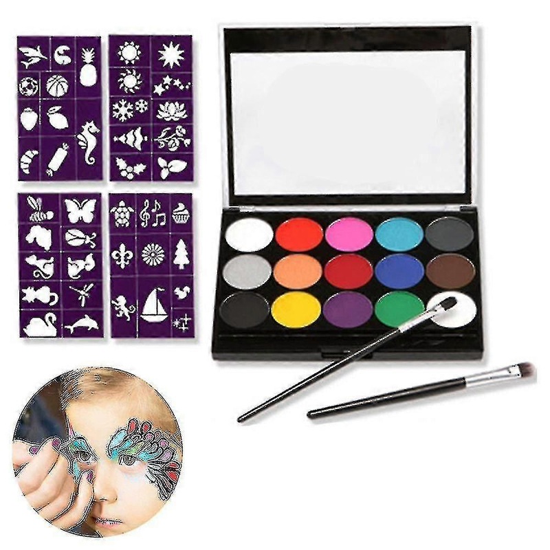 Face Paint Kit,15 Color Face Painting Palette+2 Brushes 32 Stencils