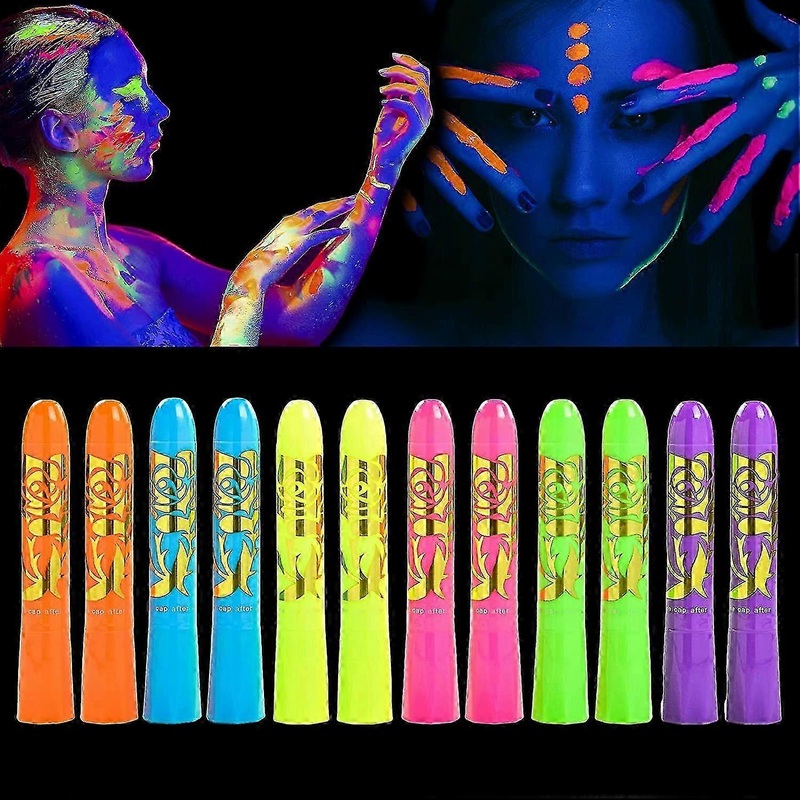12 Pcs Glow in The Black Light Body Face Paint, UV Crayons Kit Fluorescent Body Paints
