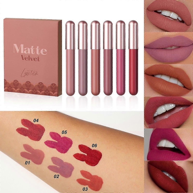 6Pcs Matte Nude Liquid Lipstick Set, Long-Lasting & Pigmented Shades, Lip Gloss Bundle Gift Collection for Girls/Women