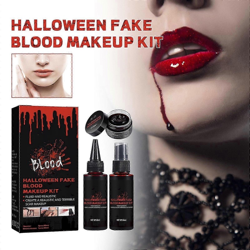 Halloween Fake Blood Makeup Kit, Coagulated Blood 50ml+ Fake Blood Spray 50ml+ Dripping Blood 30ml, for Zombie Vampire Monster Cosplay Mouth Clothes D