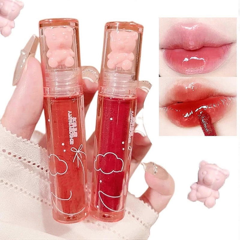 2Pcs Bear Lip Glaze Jelly Lipstick,Liquid Lipstick Cute Bear Lipgloss Moisturizing Lip Stain Plumping Water Lip Gloss