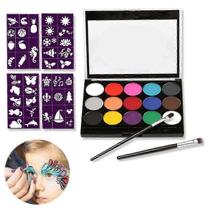 Body Children’s Make-up Colours, 15 Colours Make-up Palette 2 Pens + 4 Templates Children’s Face Paint Set For Children Parties