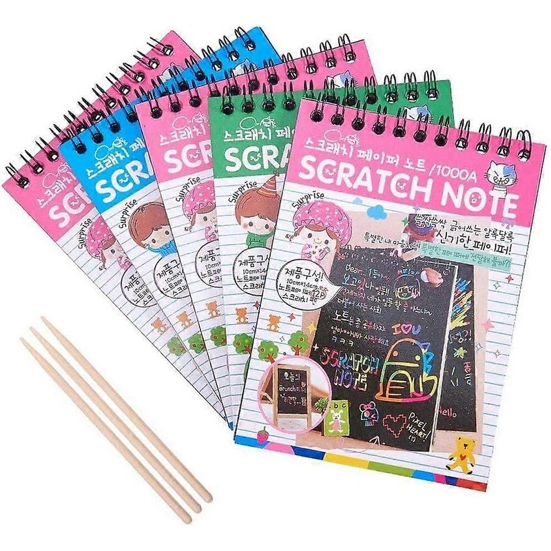 Scratch Art Paper Set Including 5 Pack Scratch Off Notbooks and 3 Pcs Bamboo Stick Rainbow Magic Drawing Supplies Kits for Fun DIY Gift