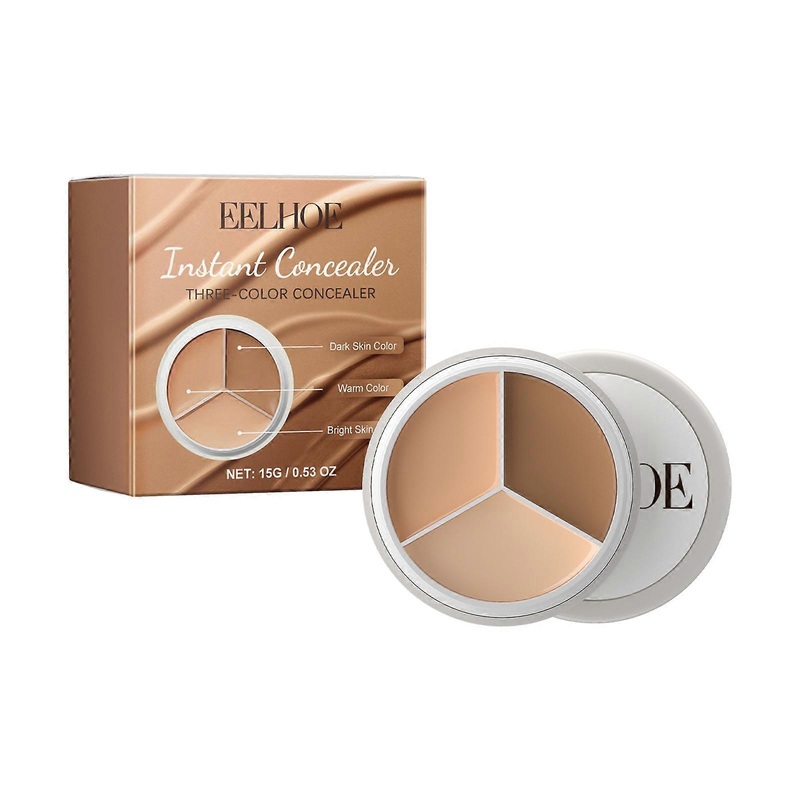 Three-color concealer to hide facial blemishes, tear troughs, dark circles, and spots, creating a clear and natural makeup look