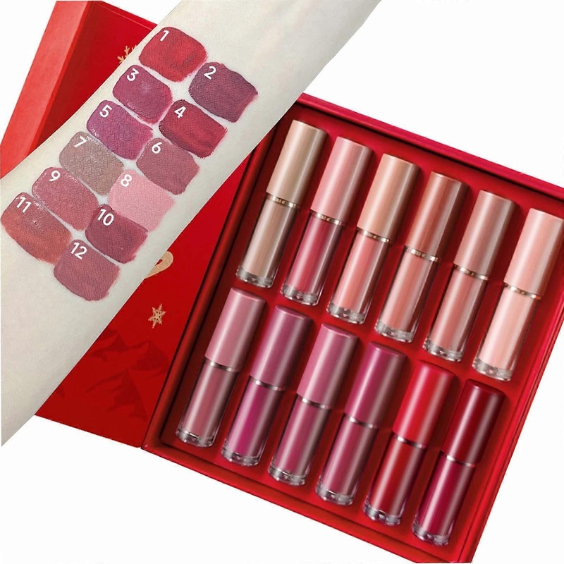 Red 12 Color Lip Glaze Christmas Set Matte Waterproofs Non-stick Cup Does Not Fade Lipstick Lip Paste 18ml