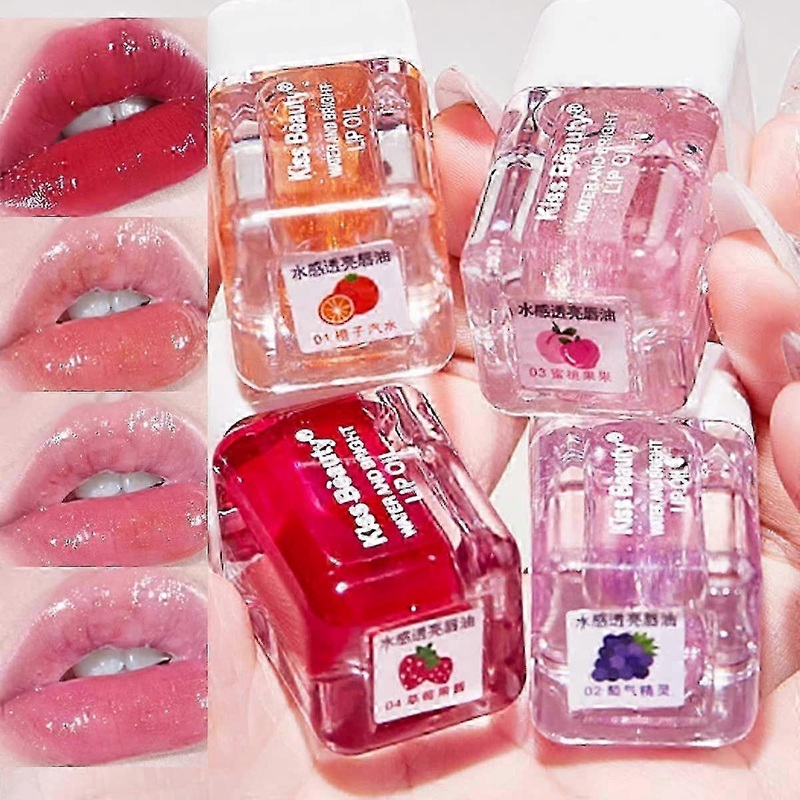 4 PCS Plumping Lip Glow Oil Set, Shimmer Hydrating Mirror Lip Gloss Tinted Lip Balm Lip Care Transparent Toot Lip Oil