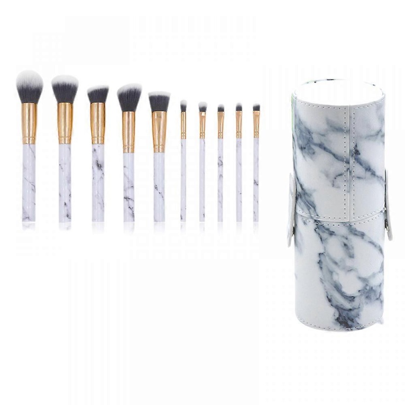 10 makeup brushes professional marble handle brush set soft and odorless natural synthetic bristles (white gray)