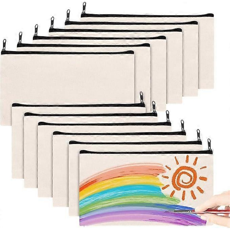 12pcs DIY canvas zipper bags, DIY zipper cloth bags, painting boxes, DIY pencil bags, travel canvas cosmetic bags, painting school craft travel storag