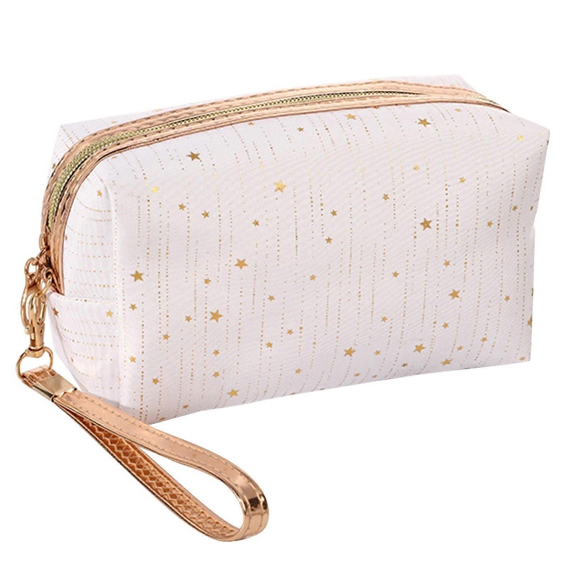 Personalized Star Pattern Small Makeup Bag Polyester Travel Cosmetic Pouch Toiletry Bag Organizer for Women Portable  White