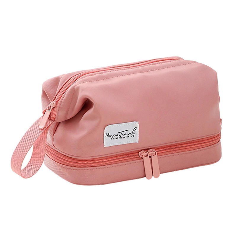 Portable Travel Toiletry Makeup Bag Double Layer Cosmetic Organizer Large Casual Storage Holder for Women  Pink