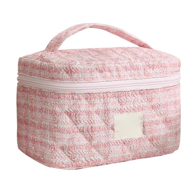 Quilted Cotton Beauty Pouches with Floral Print Makeup Bag Spacious Organized for Cosmetics and Toiletries  Pink