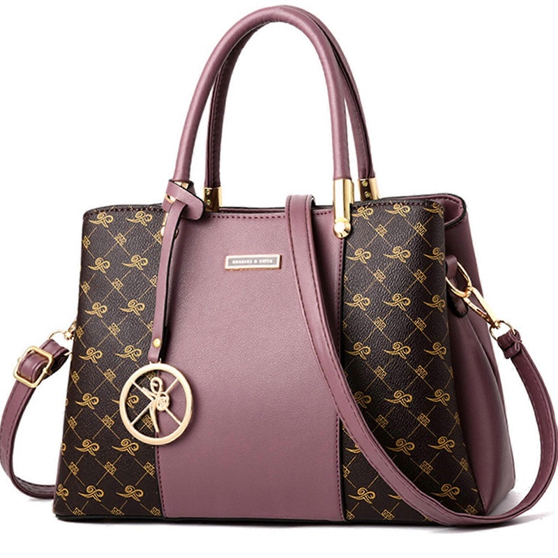 Women’s Elegant Floral and Purple Top Handle Bag with Crocodile Pattern Pouch