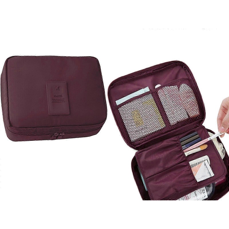 Wine Red Makeup Organiser Bag with Brush Holder for Travel Cosmetics