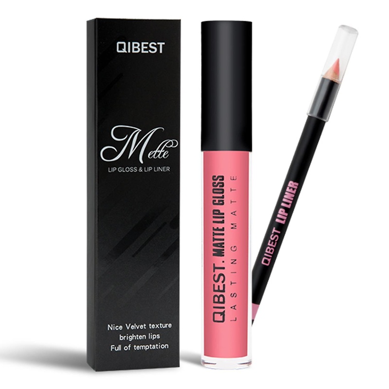 QIBEST Double Pack – Make Up Matt Liquid Lip Gloss and Lip Pencil Kit, Pink