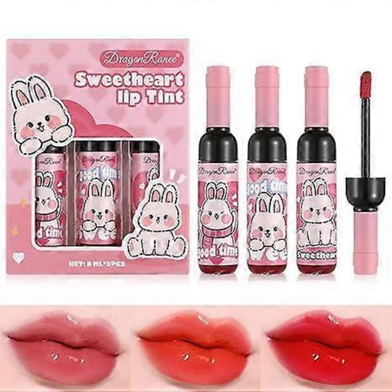 Wine Bottle Lip Tint Set, Long-Lasting 3 Colors Lip Tint, Smudge-Proof Liquid Lipstick for All-Day Wear, Cute Pink Package, Ideal Makeup Gift for Girl