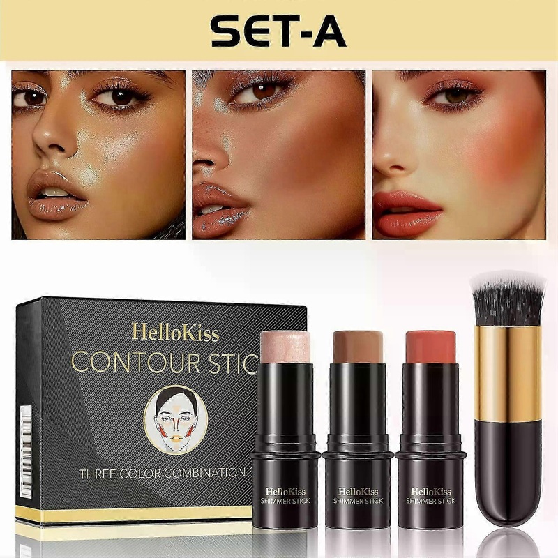 3Pcs Cream Contour Stick Makeup Kit, Shades with Highlighter, Blush and Bronzer Contour Stick for Cheeks, Lips, Eyes, Natural Face Contouring, Long La