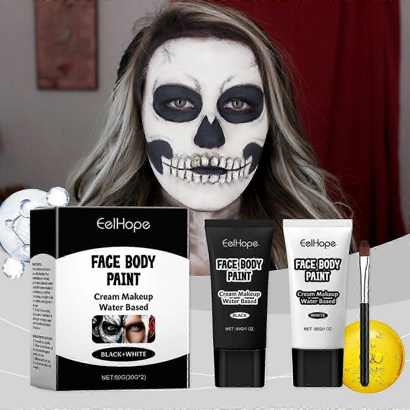 Black White Face Body Paint with Makeup Brush,Water Based Face Paint for Adults and Kids,Cream Body Paint,Face Painting,Halloween Cosplay Mime Makeup