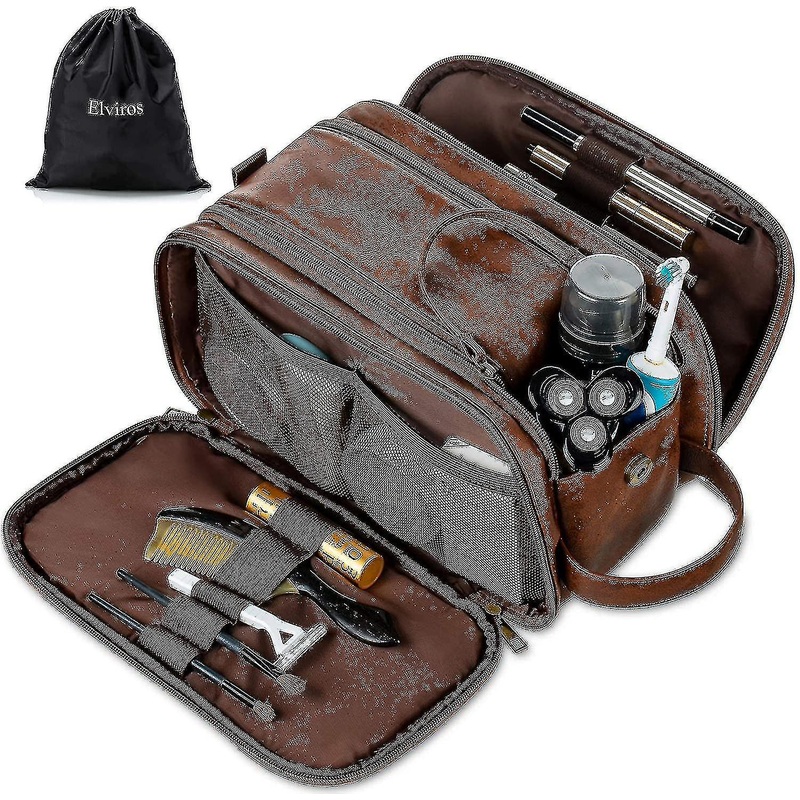 Water-resistant Leather Toiletry Bag For Men Large Travel Wash Bag Shaving Dopp Kit Bathroom Gym Toiletries Makeup Organizer With Free Wet Dry Bag-YUH