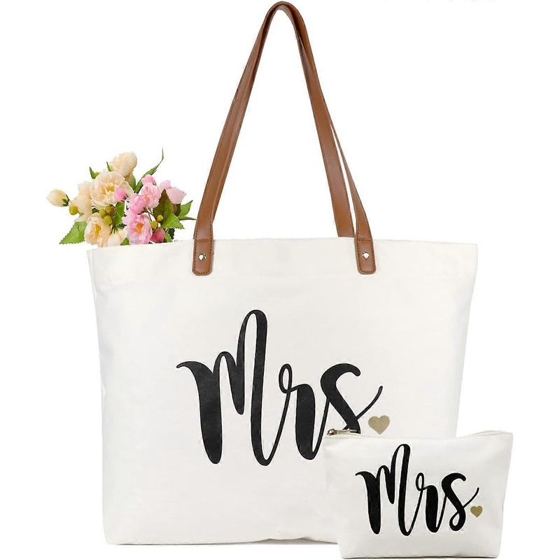 yba Bride Tote Bag with Makeup Bag, Gifts for Engagement/Bridal Shower/Bachelorette/Wedding Party Canvas White Mrs