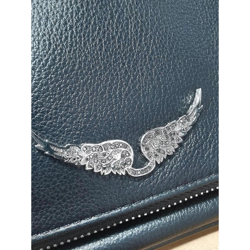 Women’s Leather Bags Solid Color Lady One Shoulder Zipper Chain Wings Rhinestone Decor Handbag