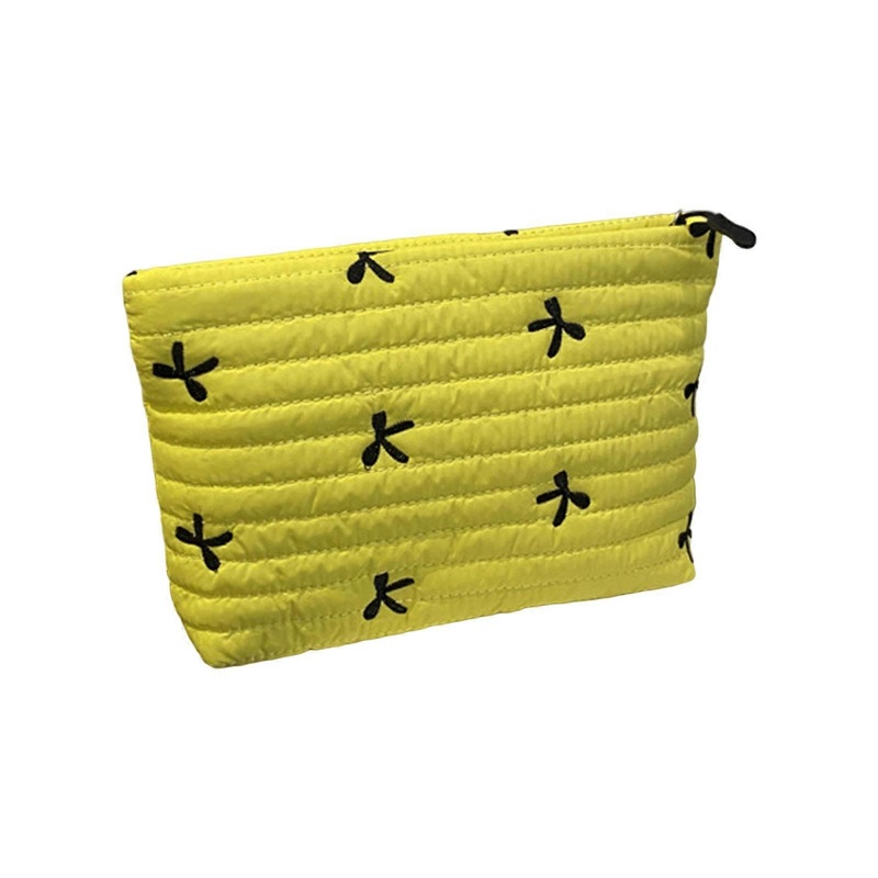 Versatile Large Capacity Makeup Bag Embroidered Decoration Soft Quilted Travel Organizers Cosmetic Storage Bag  Yellow
