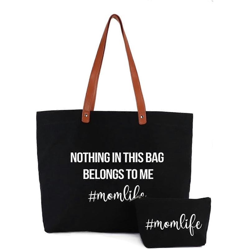 yba Bride Tote Bag with Makeup Bag, Gifts for Engagement/Bridal Shower/Bachelorette/Wedding Party Canvas White Momlife-black