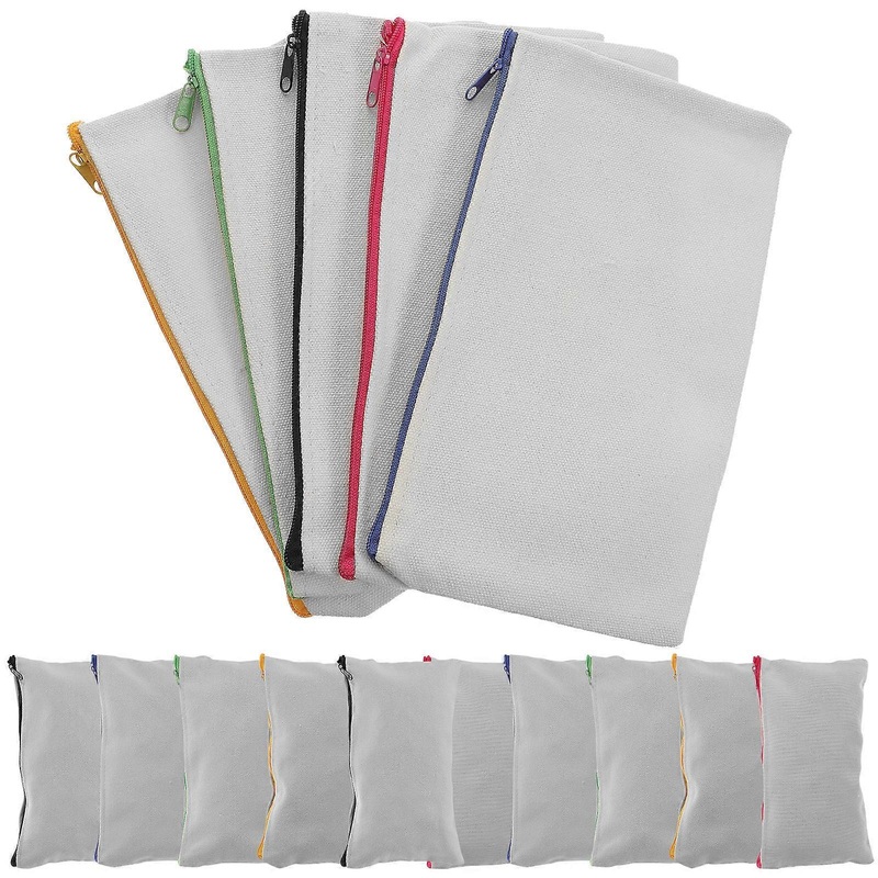 Zippered Pouch Canvas Makeup Bags Storage DIY Beige Fabric with Colored Zippers 21.00X12.00X0.30cm 15Pcs