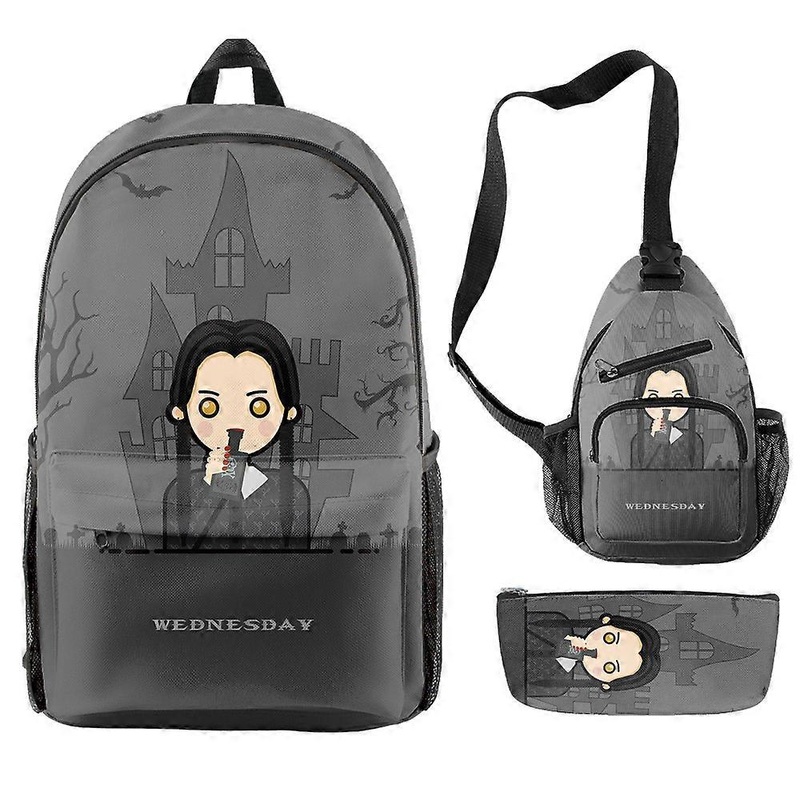 Wednesday “The Addams Family” Primary And Secondary School Students Large Capacity Printed School Bag Shoulder Bag Three-Piece Set 35 -SJKDXV