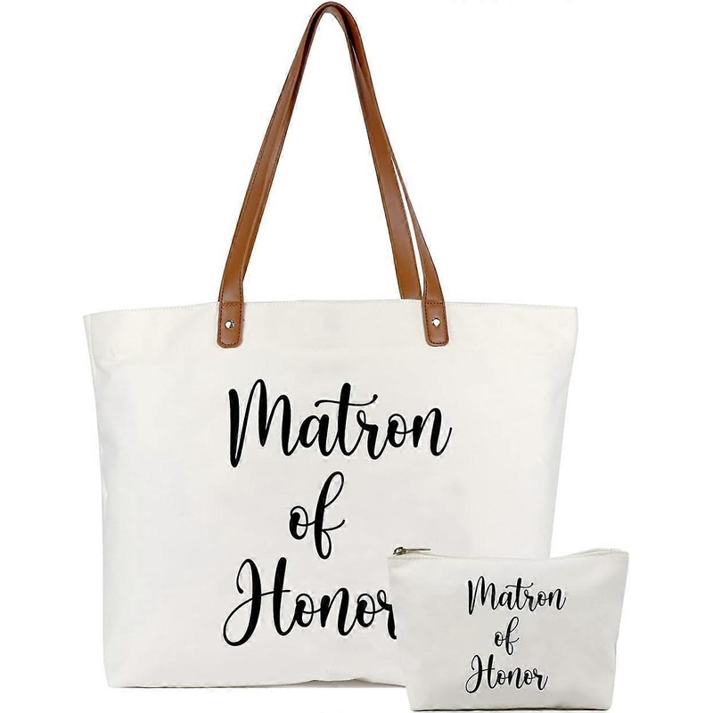 yba Bride Tote Bag with Makeup Bag, Gifts for Engagement/Bridal Shower/Bachelorette/Wedding Party Canvas White Matron of Honor