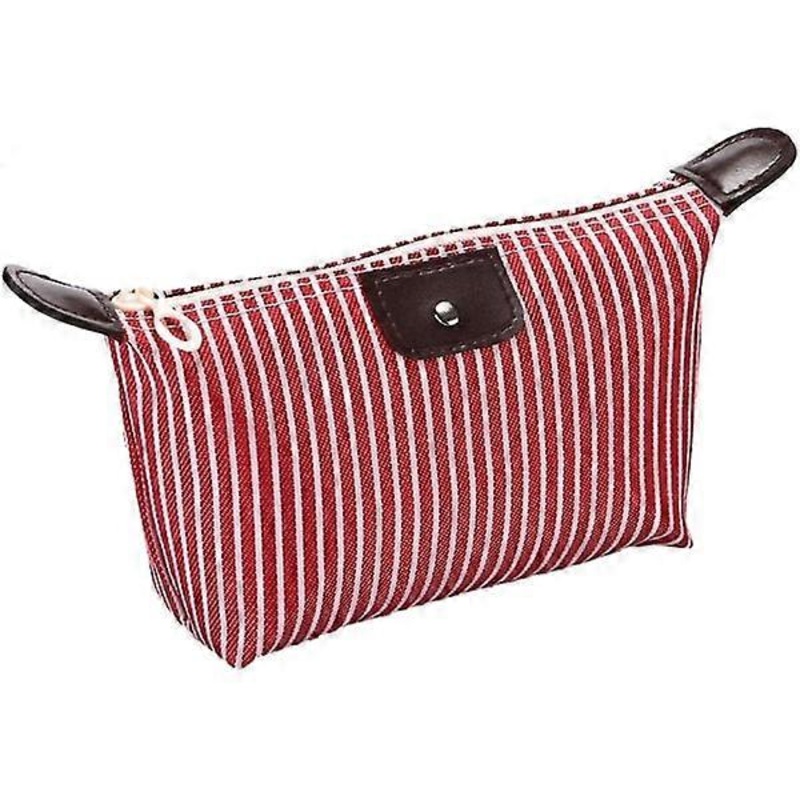 Waterproof nylon toiletry bag for skincare, travel, red striped.