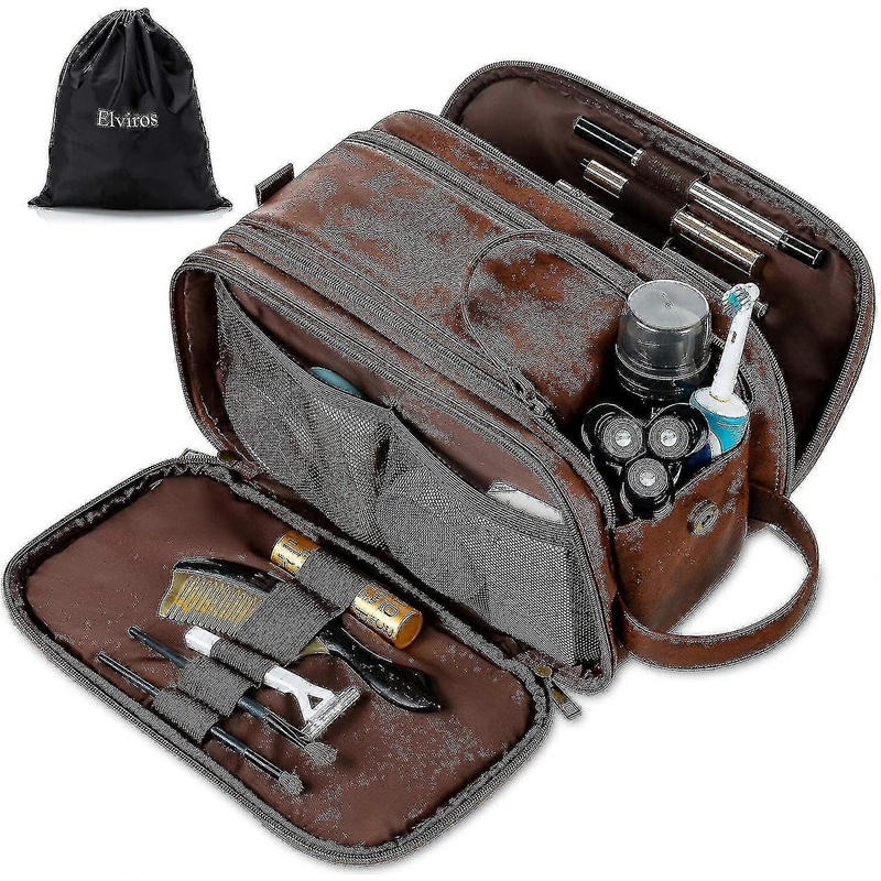 Water-resistant Leather Toiletry Bag For Men Large Travel Wash Bag Shaving Dopp Kit Bathroom Gym Toiletries Makeup Organizer With Free Wet Dry Bag