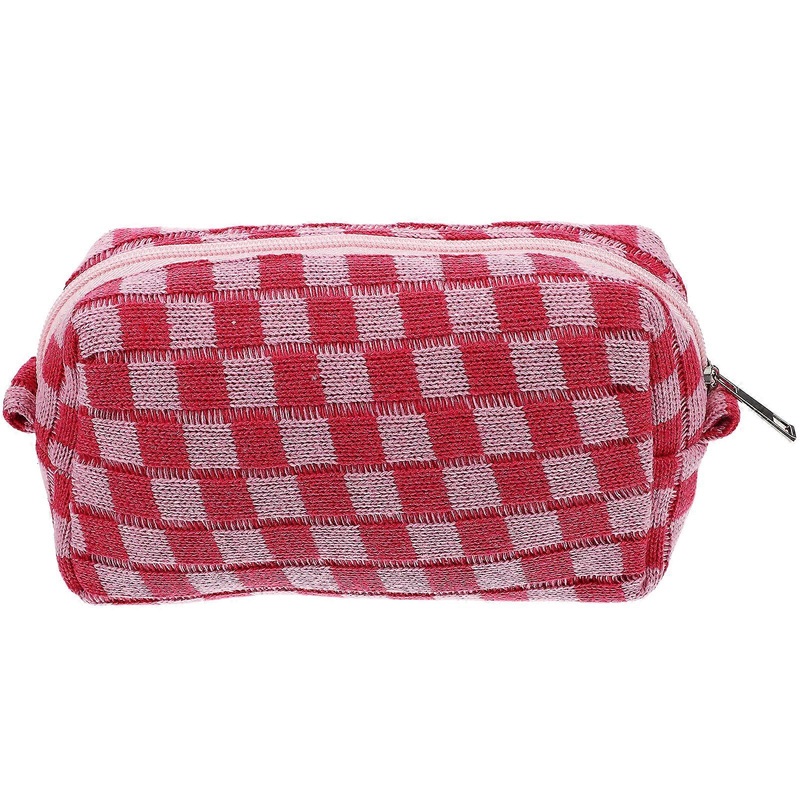 Woolen Yarn Makeup Bag Cosmetic Bag Large Capacity Checkered Travel Toiletry BagPink)