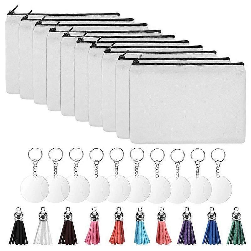 10Pcs Cosmetic Bag Set Heat Transfer Blank DIY Canvas Pencil Case Zipper Makeup Storage Bag with Round Acrylic Keychain Blank