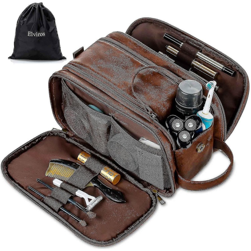 Water-resistant Leather Toiletry Bag for Men Large Travel Wash Bag Shaving Dopp Kit Bathroom Gym Toi