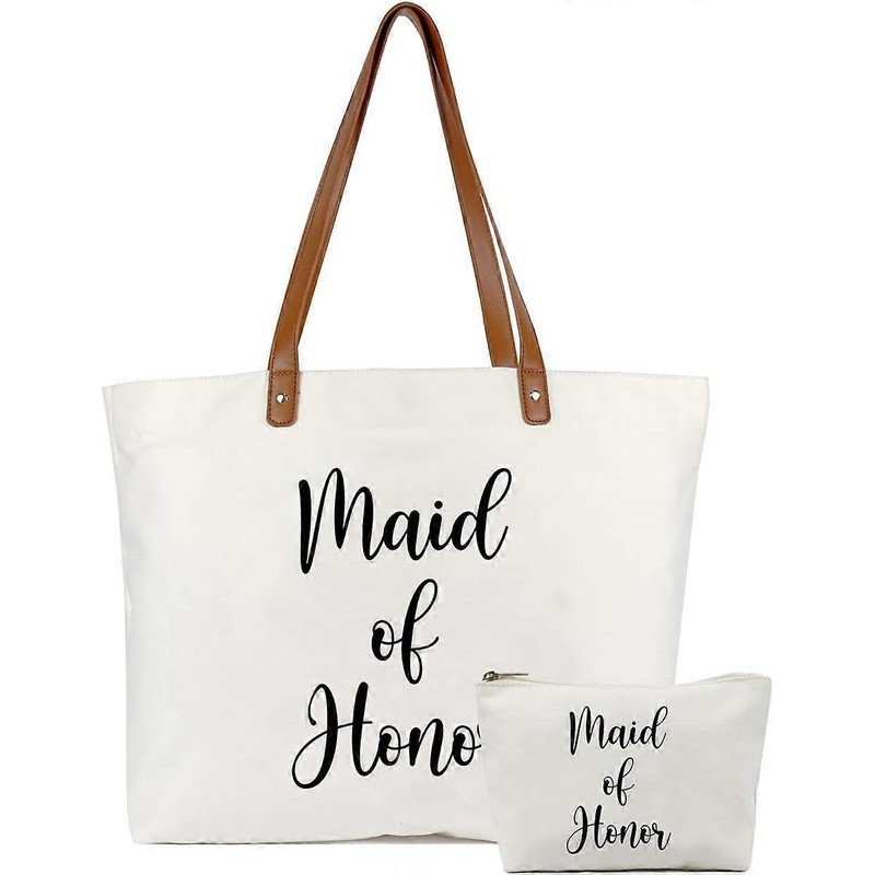 yba Bride Tote Bag with Makeup Bag, Gifts for Engagement/Bridal Shower/Bachelorette/Wedding Party Canvas White Maid of Honor