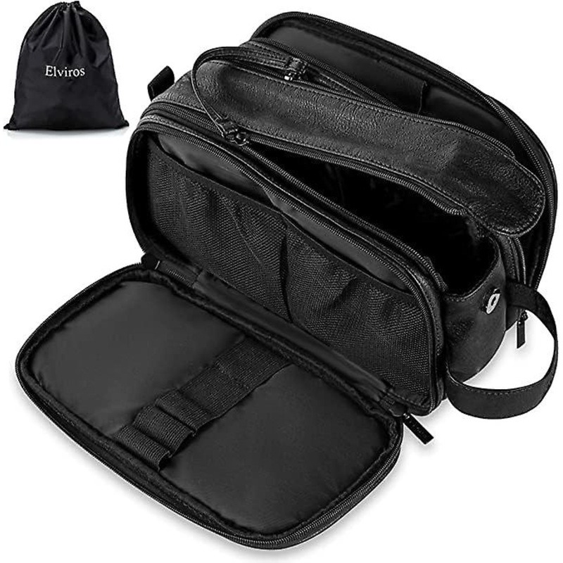 Water-Resistant Leather Toiletry Bag for Men, Women Large Travel Wash Bag Shaving Dopp Kit Bathroom