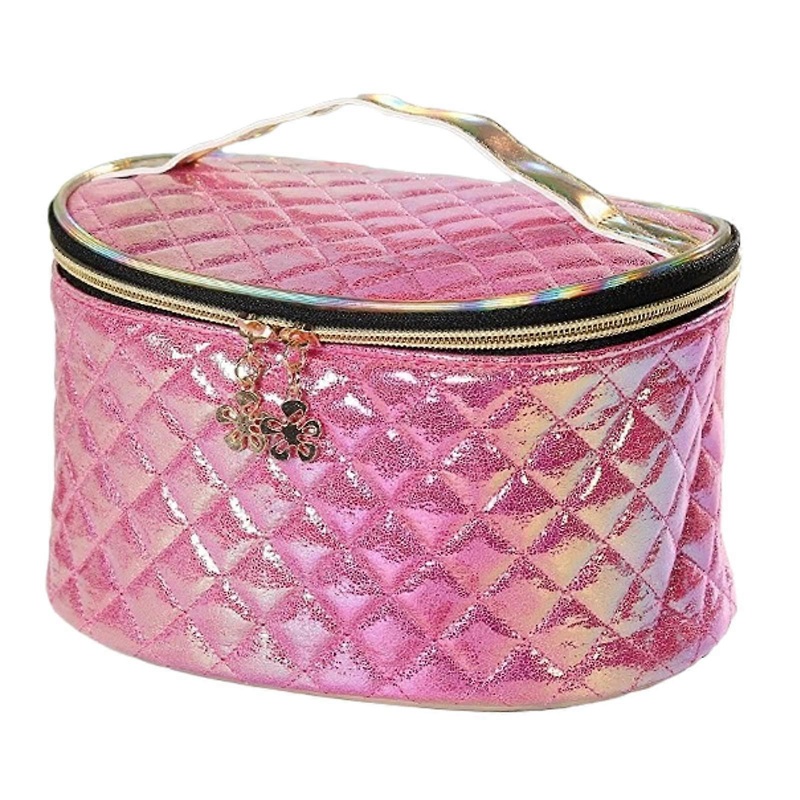with Handle Plaid Pattern Shimmery Shiny Colorful PU Leather Makeup Zipper Bag(Dark Pi CE[