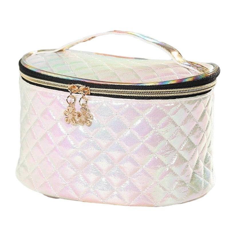 with Handle Plaid Pattern Shimmery Shiny Colorful PU Leather Makeup Zipper Bag(Whi TTB