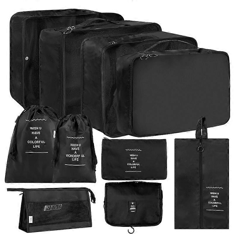 10Pcs/Set Travel Essentials Clothes Shoes Storage Bags Oxford Cloth Luggage Organizers-Black