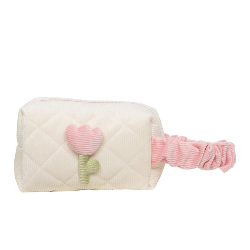 Women’s Tulip Flowers Pouch Large Capacity Travel Cosmetic Bag Corduroy Zipper Toiletry Bags Portable Storage Box Casual Organizer  White