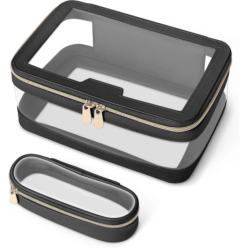 1  set  Travel Clear Makeup Bag with Makeup Brush Bag Leather Makeup Case Toiletry Bag, Portable Cosmetic Bag Case, Transparent Waterproof Cosmetic Or
