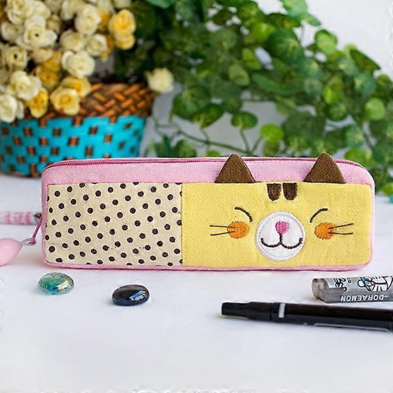 [Polka Dots Cat] Embroidered Applique Pencil Pouch Bag / Cosmetic Bag / Carrying Case (7.5*1.9*1.6)