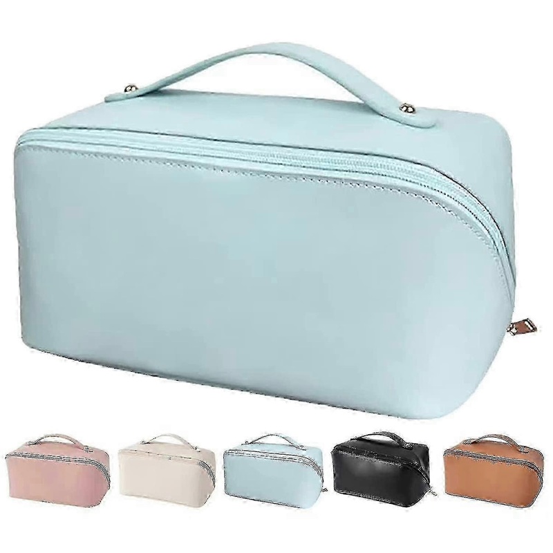 Waterproof Large Capacity Travel Makeup Bag, Vegan PU Leather Cosmetic Organizer for Women, Blue