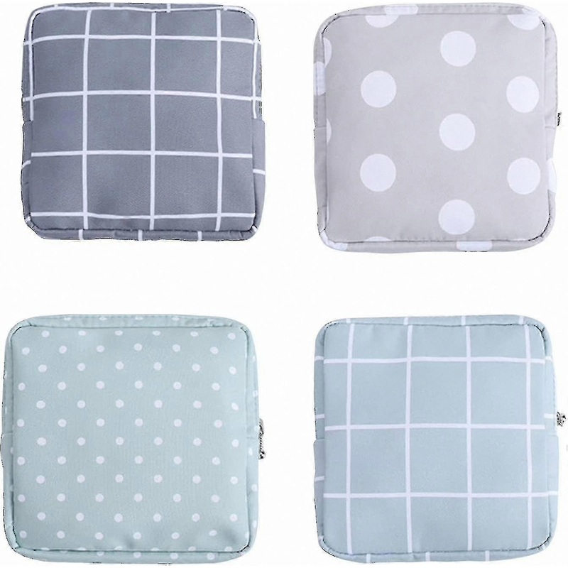 Waterproof Zippered Bags for Sanitary Napkin Storage, 4-Pack (Polka Dot and Grid Design)