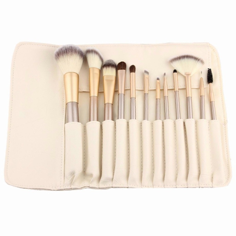 12 Piece Makeup Brushes Set | Horse Hair Professional  Makeup Brush Set Cosmetics Foundation Makeup Brushes Set Kits with White Cream-colored Case Bag