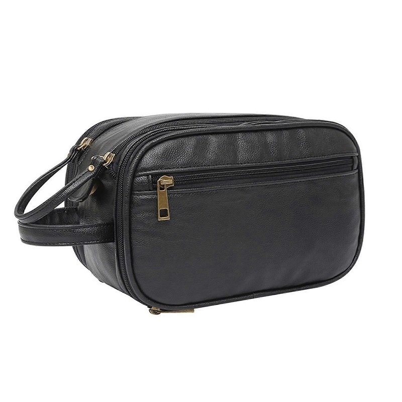 Water-Resistant Leather Toiletry Bag for Men Large Travel Wash Bag with Dry Wet Separation Design Shaving Kit Organizer