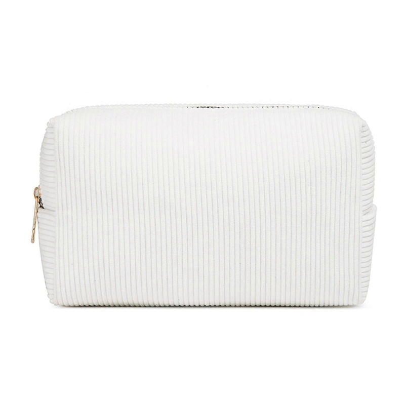 Women Corduroy Makeup Pouch Organizer Practical Large Capacity Cosmetic Bag Toiletries Organizer Purse for Travel Use  White