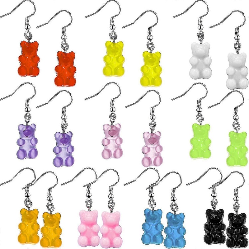 10 Pairs Gummy Candy Bear Earrings Resin Bear Drop Colorful Cartoon Dangle Drop For Women