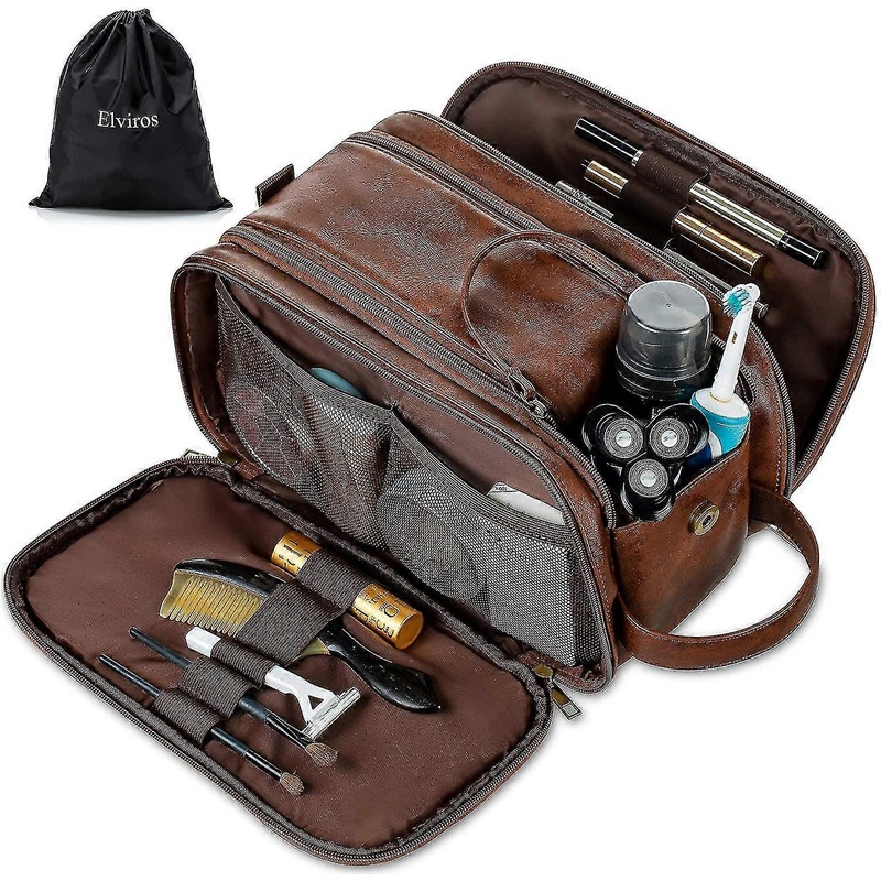 Water-resistant Leather Toiletry Bag For Men Large Travel Wash Bag Shaving Dopp Kit Bathroom Gym Toiletries Makeup Organizer With Free Wet Dry-MXBC